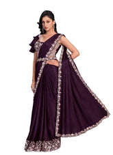 Purple Crape Satin Silk Embroidered Ready to Wear Saree